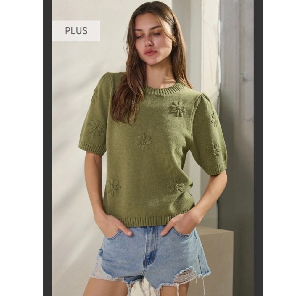 Cider Knitted short sleeve sweater with flower motif Olive Green XL